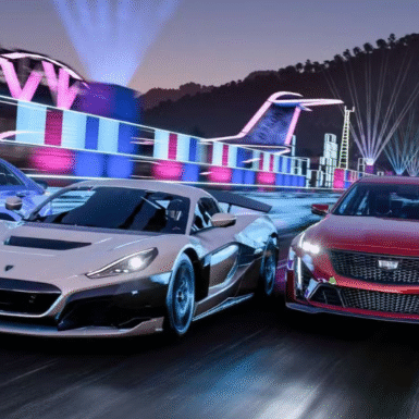 Forza Horizon 6 teaser image with racing cars and Tokyo skyline in the background